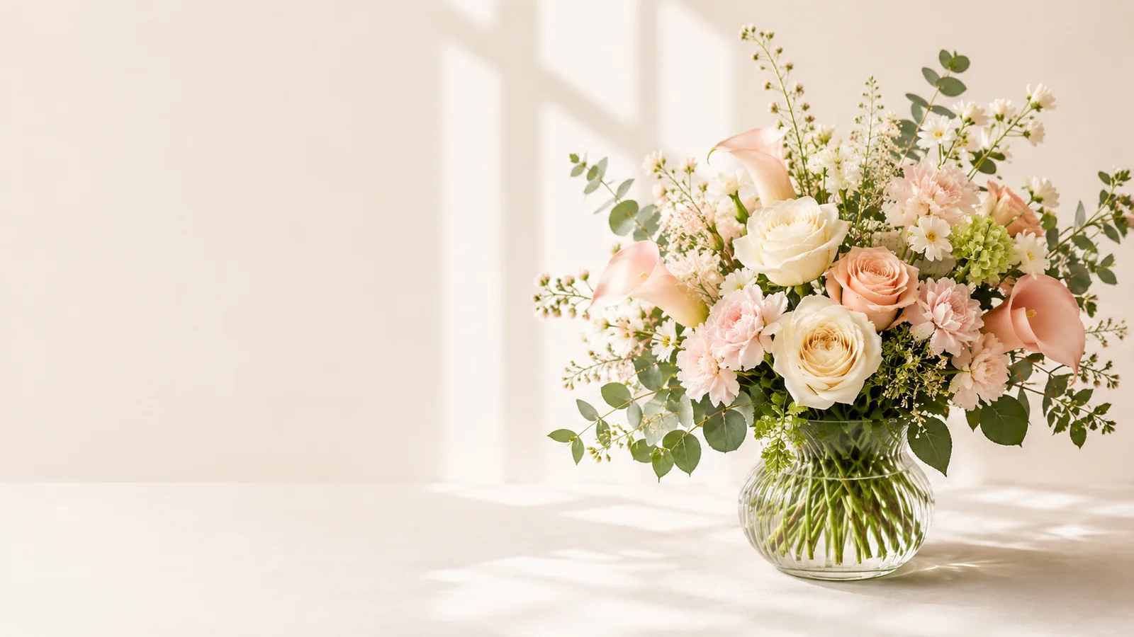 Soft pink and cream flowers arranged in a glass vase